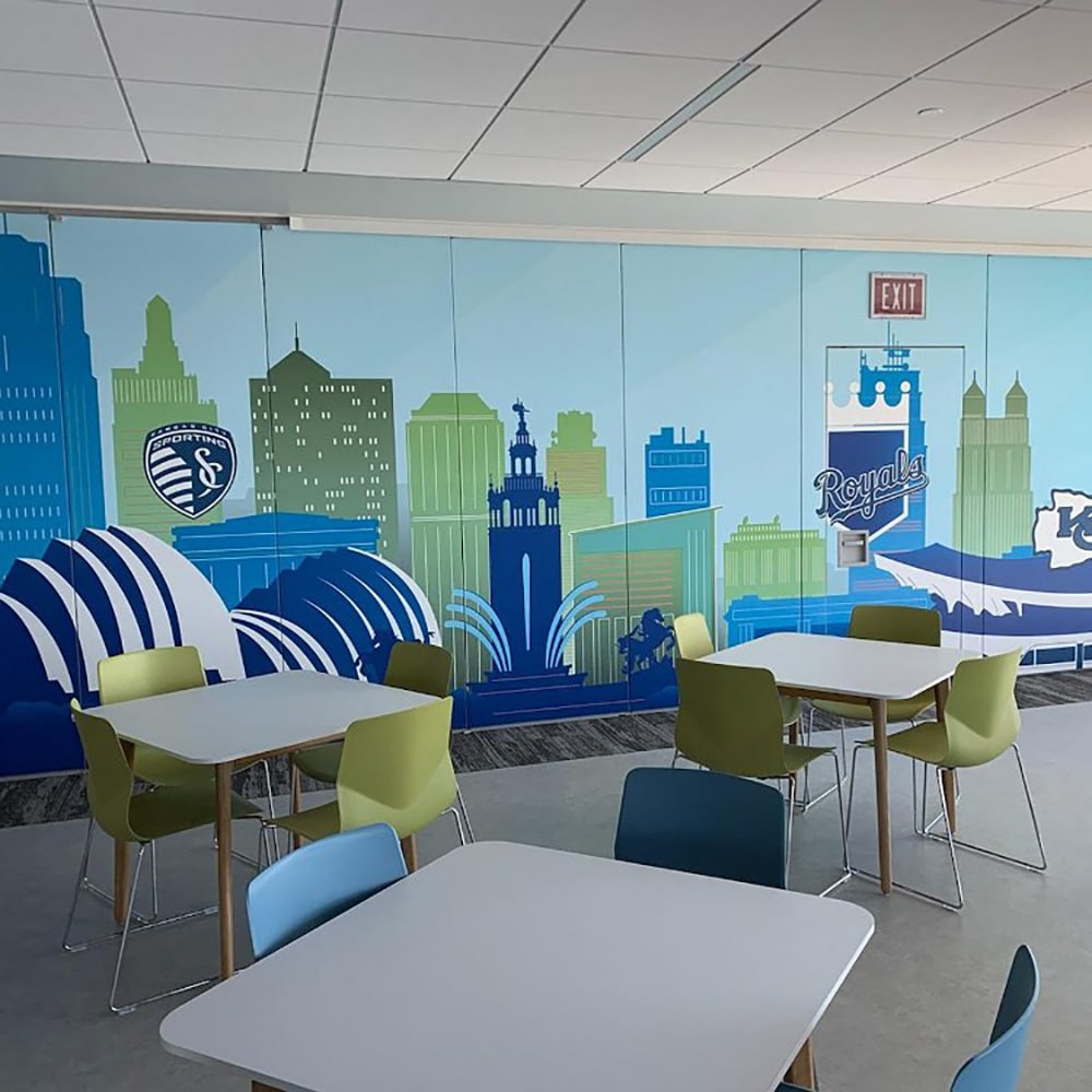 Modernfold Acousti-Seal operable partition walls with custom Kansas City-themed graphics.