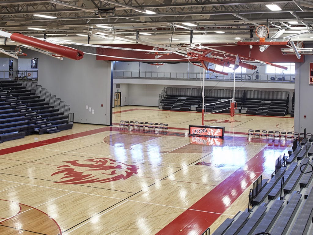 Skyfold Classic operable wall fully retracted in a gymnasium.