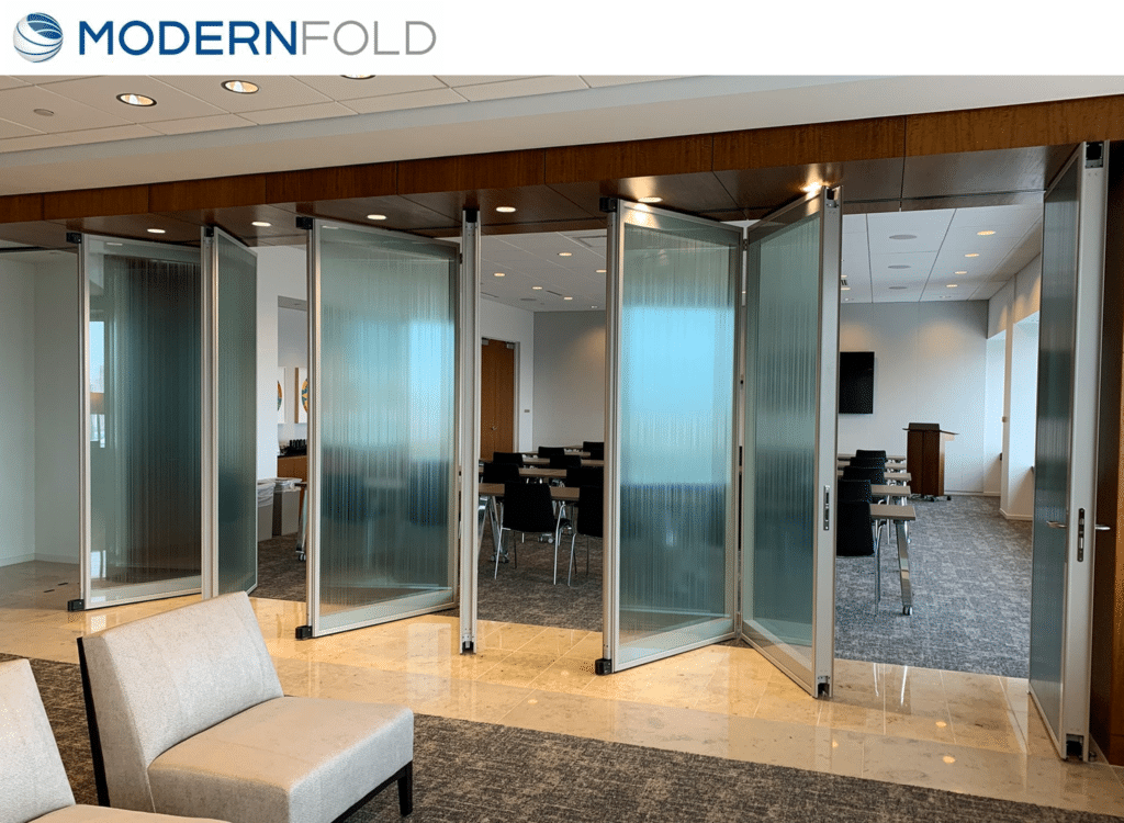 Modernfold glass operable partitions in a law office.