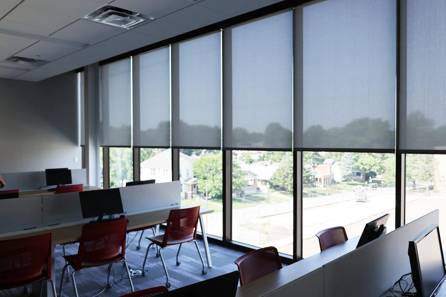Commercial rollershades in a classroom at Donnelly College in Kansas City, Kansas.