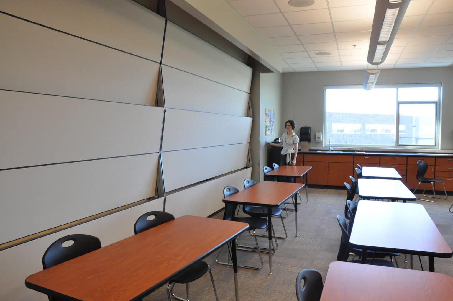 Skyfold operable wall in a Blue Valley Southwest High School classroom.