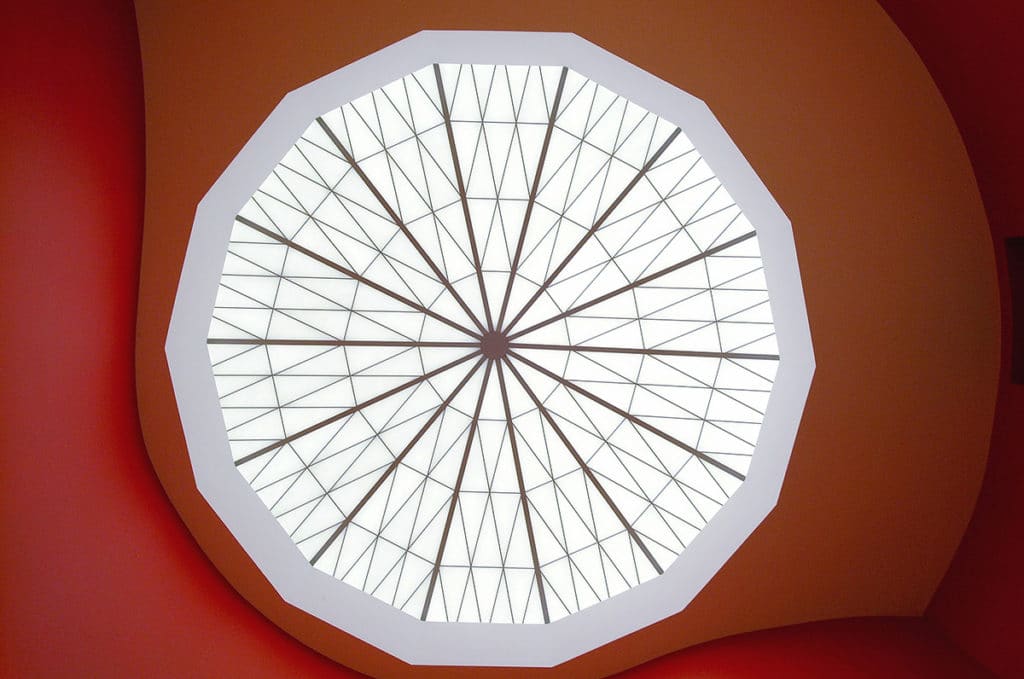 Looking up at a Kalwall Geo-Roof, a geodesic skylight.