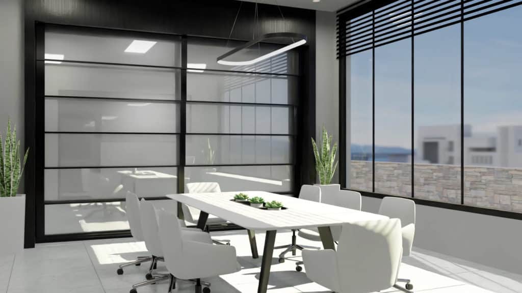 Fully extended glass wall in a conference room.