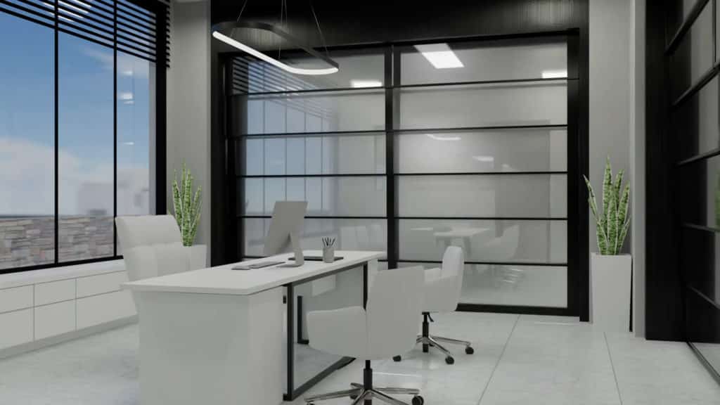 Glass operable wall fully extended in a conference room.
