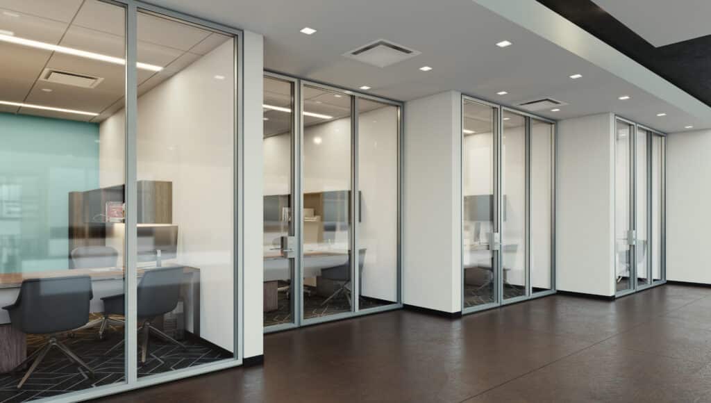 Offices with glass walls and doors.