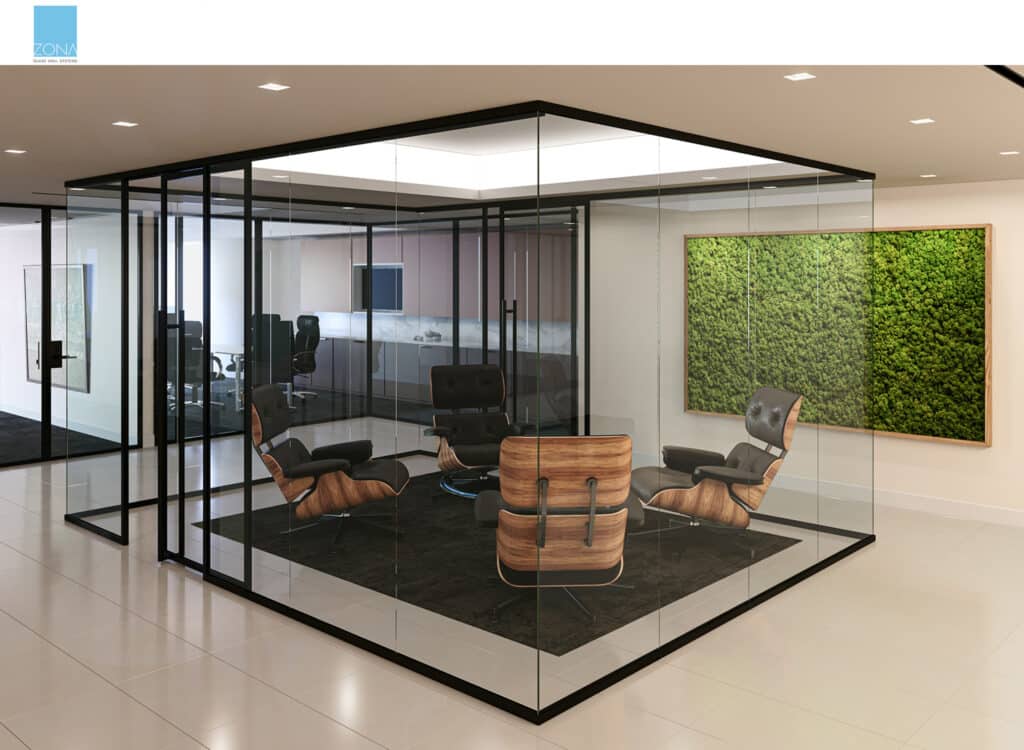 ZONA glass wall cube inside an office.