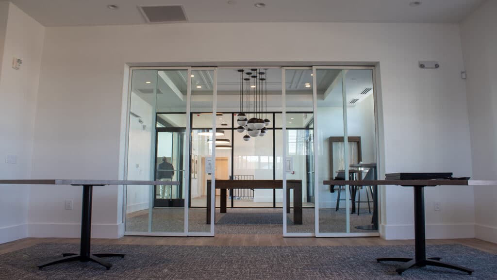 Operable glass walls in a community center.