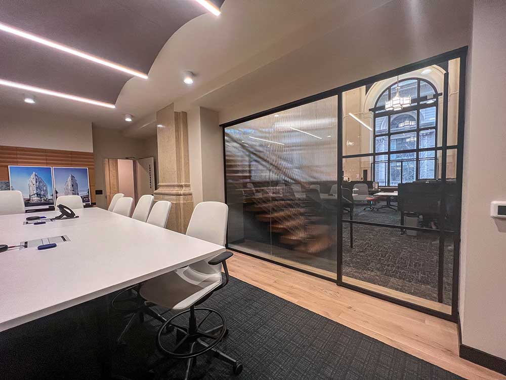 Office conference room with glass door.